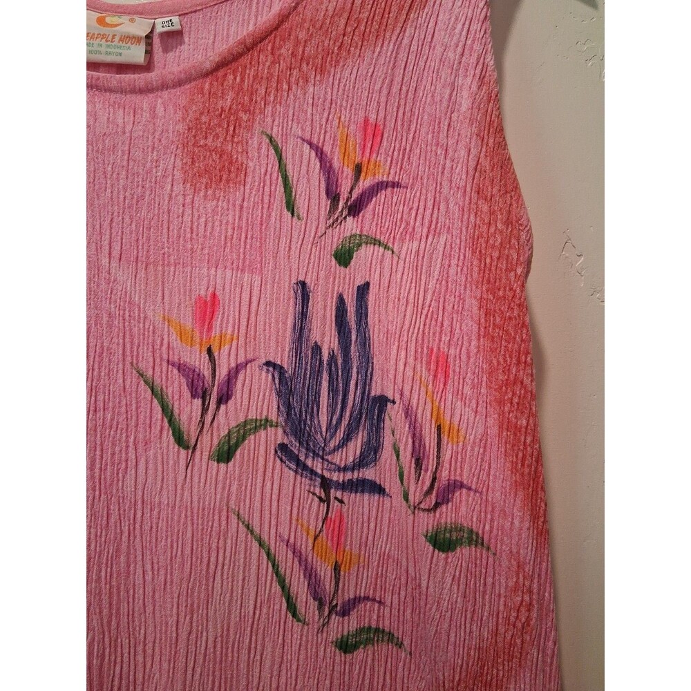 VTG Pineapple Moon One Size Hawaiian Floral Pink Tank Top Dress Crinkle - Picture 6 of 8